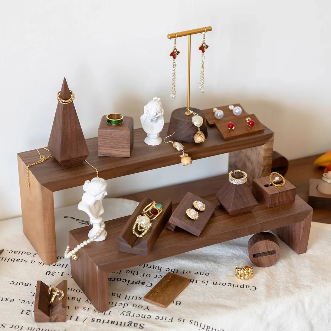 Walnut Jewelry Display Stand Rack Ladder Storage Ornament, Earring Ring Showcase Window Market Stall Elevated Riser Shelf