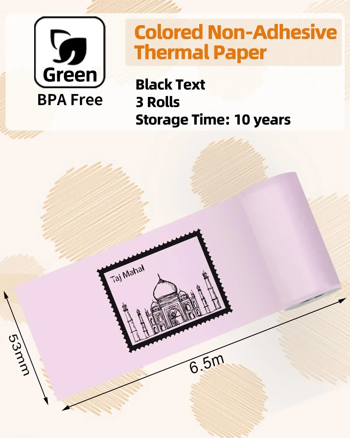 53mm 3-Pack Color Thermal Sticker Rolls - Adhesive/Plain, Mini Printer Paper for Notes, DIY Labels, Classroom Decor