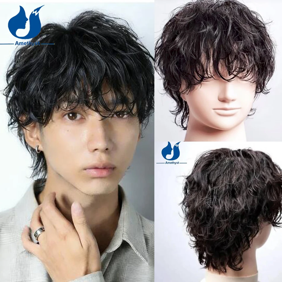 

Amethyst Natural Black Bang Wig for Men Curly 13x6 Lace Front Brazilian Remy Hair Pre Styled Short Cut Human Hair Wig Wave