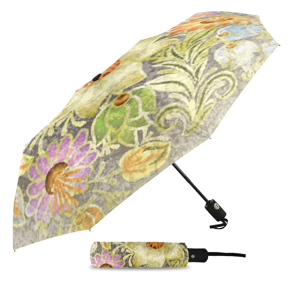 Flowers Pattern Retro Sunshade Parasol Umbrella Fully-automatic Eight Strands Foldable Rain Umbrella for Women Kids