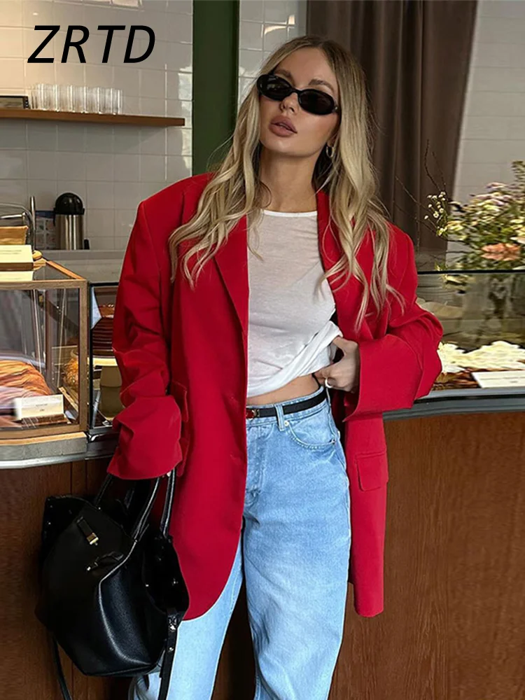 Casual Red Oversize Jacket Women Loose Lapel Long Sleeve Single Breasted Pockets Coat 2024 Autumn Lady High Street Outerwear