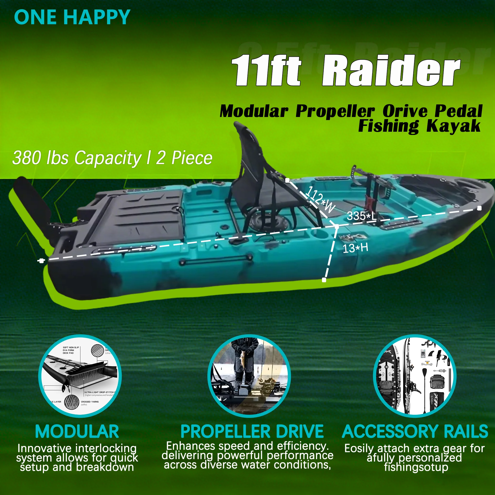 

HDPE Lightweight 9ft 1 Person Pedal Fishing Kayak Modular 2 Piece Detachable Portable Stable Kayak for River Lake Angler Fishing