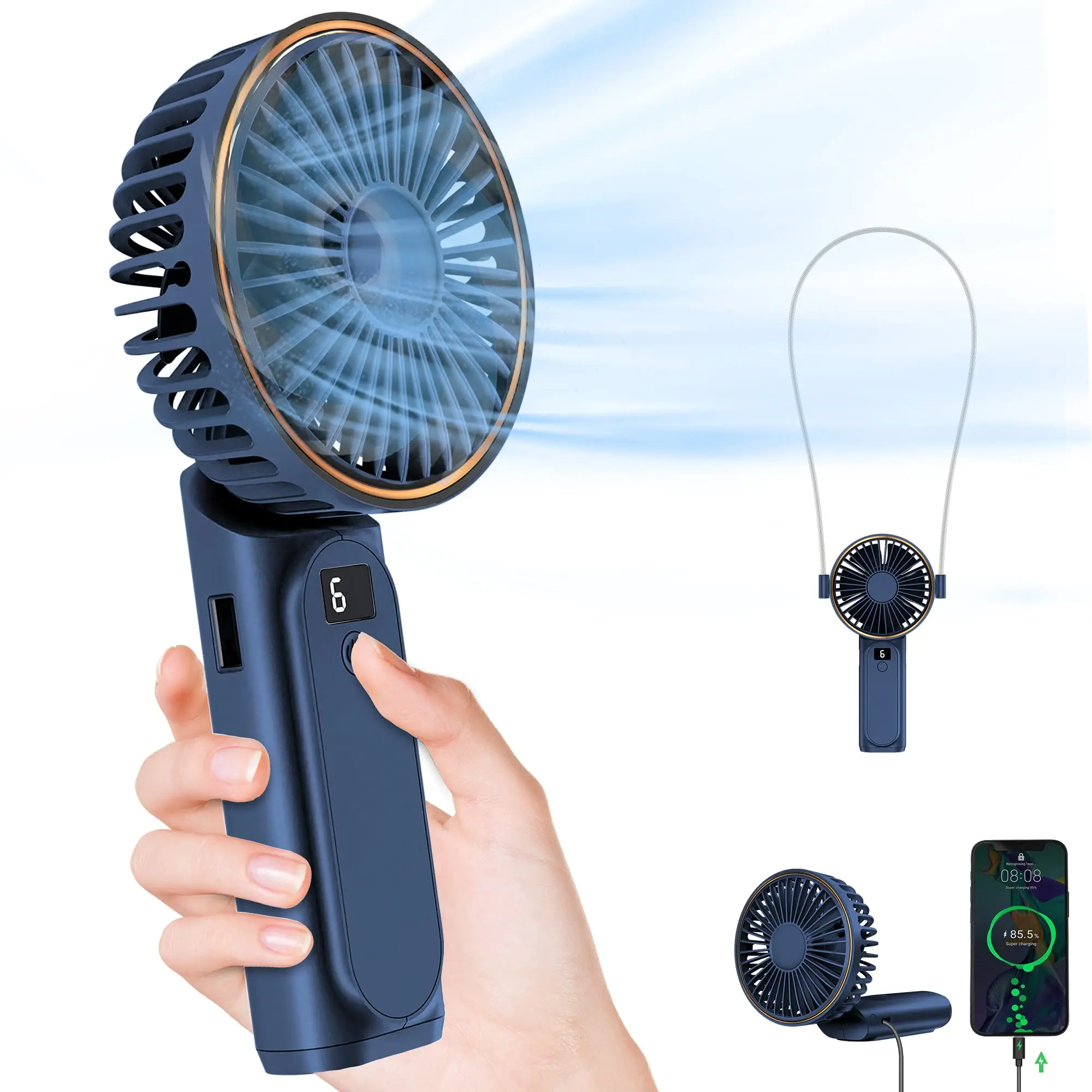 Foldable Handheld Fan 3 in 1 Handable & Standable & Wearable Mini Personal Cooling Fan with LED Display 3600mAh Battery 6 Speeds