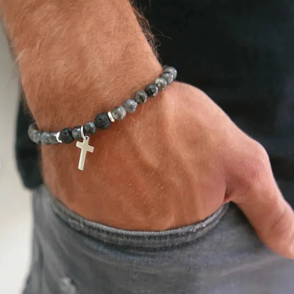 الرجال الأبيض Howlite حجر مطرز الصليب سوار ، اكسسوارات الترفيه ، أسود التأمل حبلا سوار ، جديد