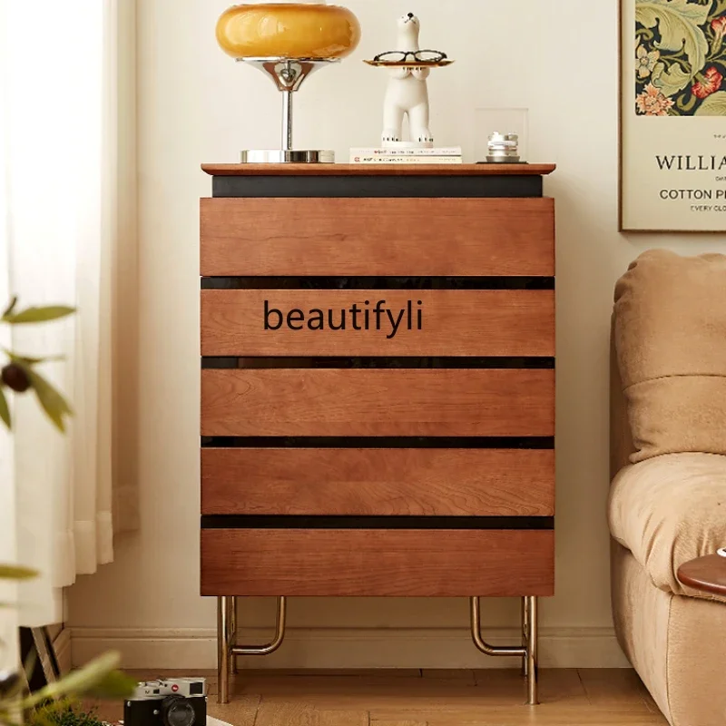 YX Solid Wood Chest of Drawers Nordic Retro Cherrywood Bedroom Storage Organizer Drawer Log Furniture