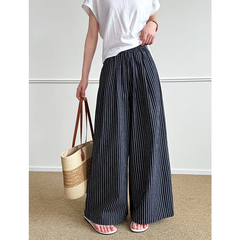 صيف جديد بسيط عمودي مخطط عارضة السراويل النسائية فضفاضة واسعة الساق الطابق التطهير السراويل #2