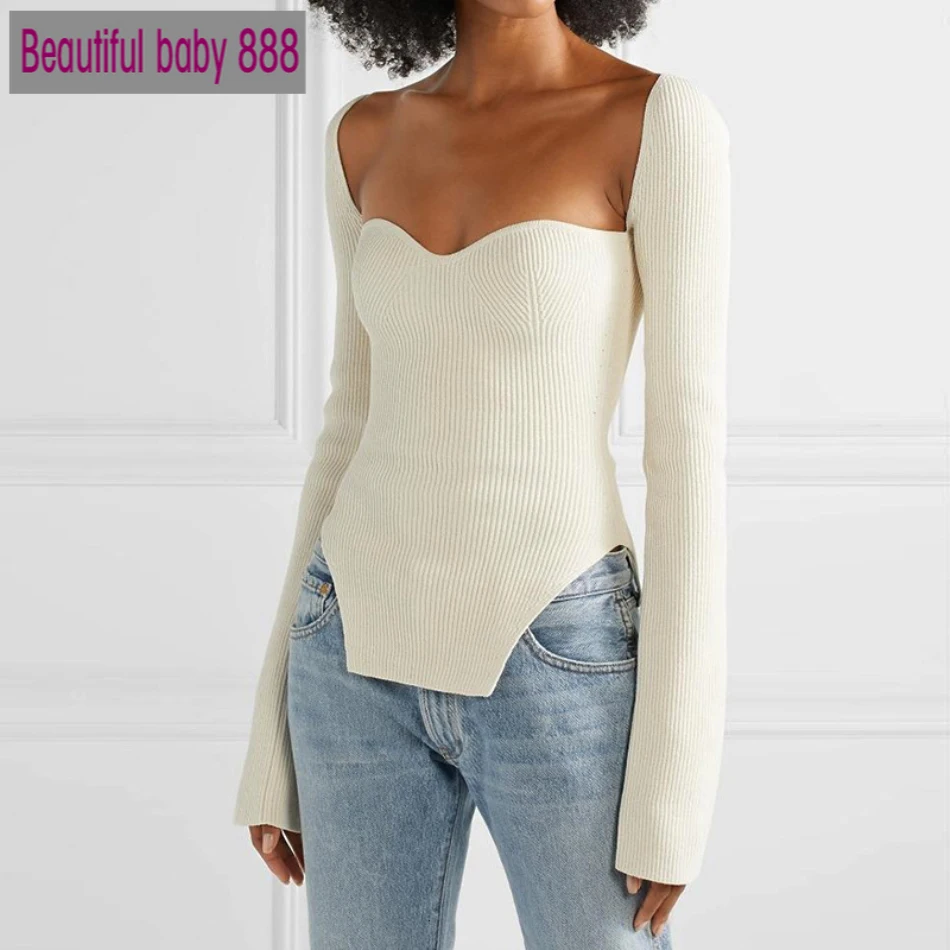 Meqeiss 2020 new spring and summer fashion women clothes cashmere sqaure collar full sleeves elastic high waist sexy pullover