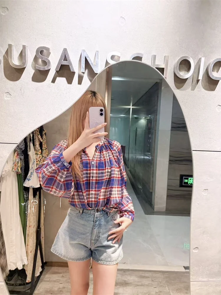 

Susan French Sle Loose Fit Long Sve irt Women's Blue Purple Plaid Top Breathable Cotton V Ne Casual Faion Autumn