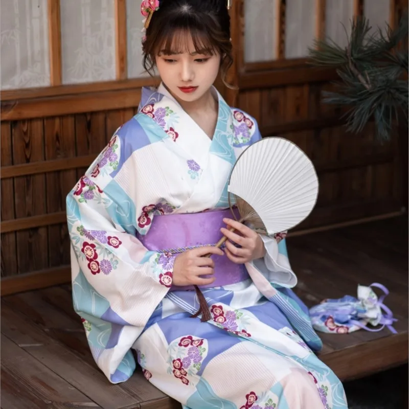 

Japanese Style Kimono Bathrobe Retro Zephyr Long Sleeve Dress Photo Blue and White Plaid Light Purple Women