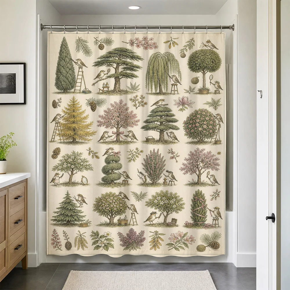Waterproof Botanical Shower Curtain Liner Vintage Woodland Nature Tree Illustration Bathroom Decor Home Accent Sketch Motif Desi