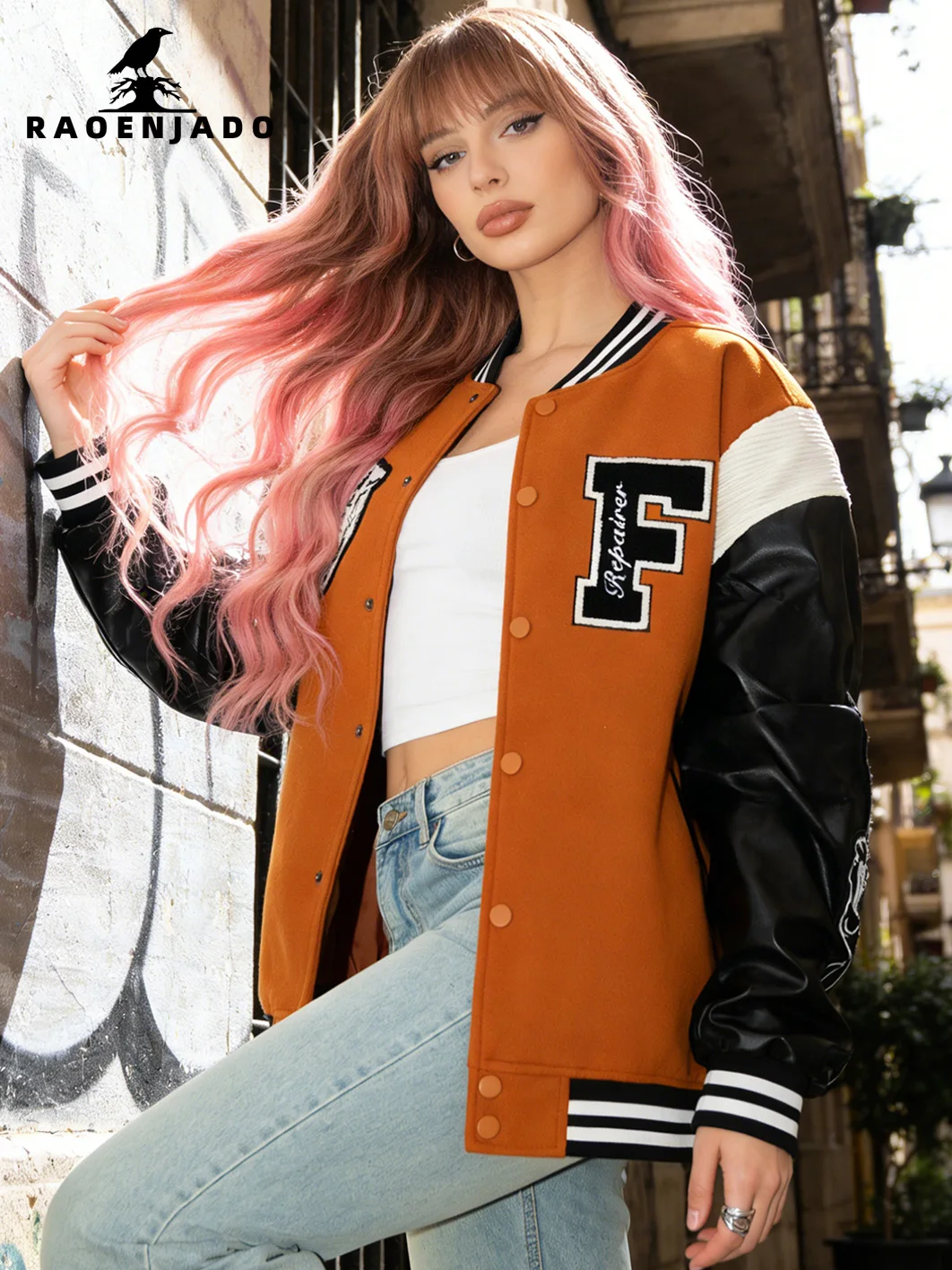 Womens Casual Varsity Jacket Baseball Letterman Coat Varsity Streetswear Outerwear with Fine Embroidery and Faux Leather Sleeves