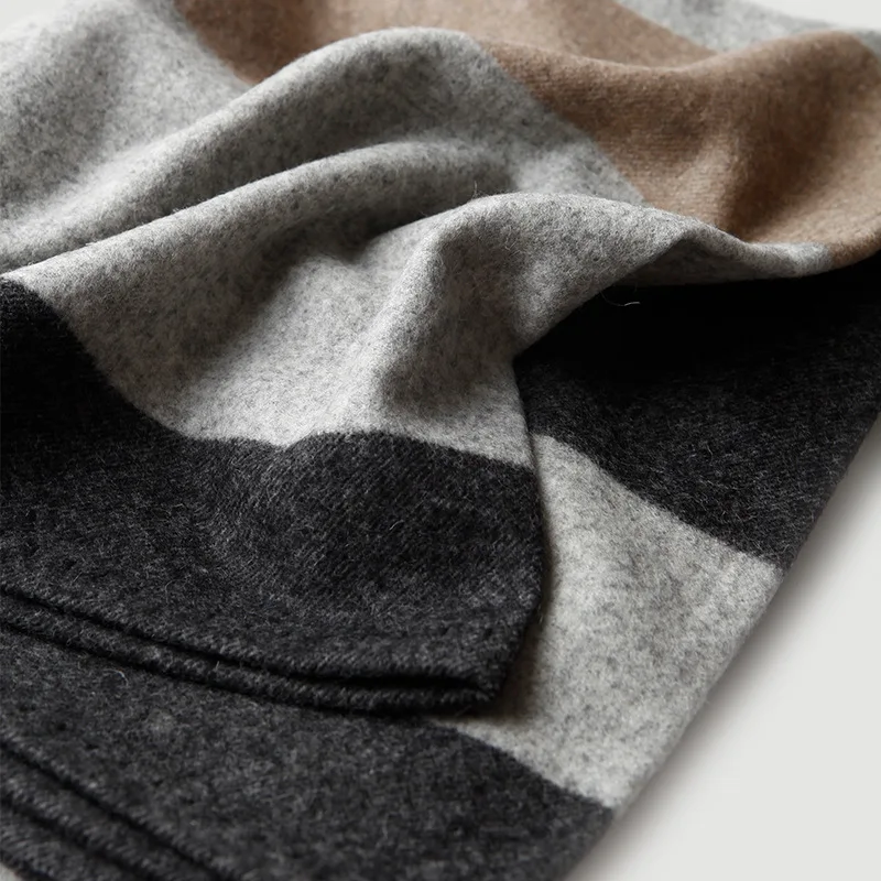 Black Gray Checkered Striped Color Matching Edge Wrapped Wool Cashmere Blanket for Winter Warmth Thick Cover Aircraft Blanket