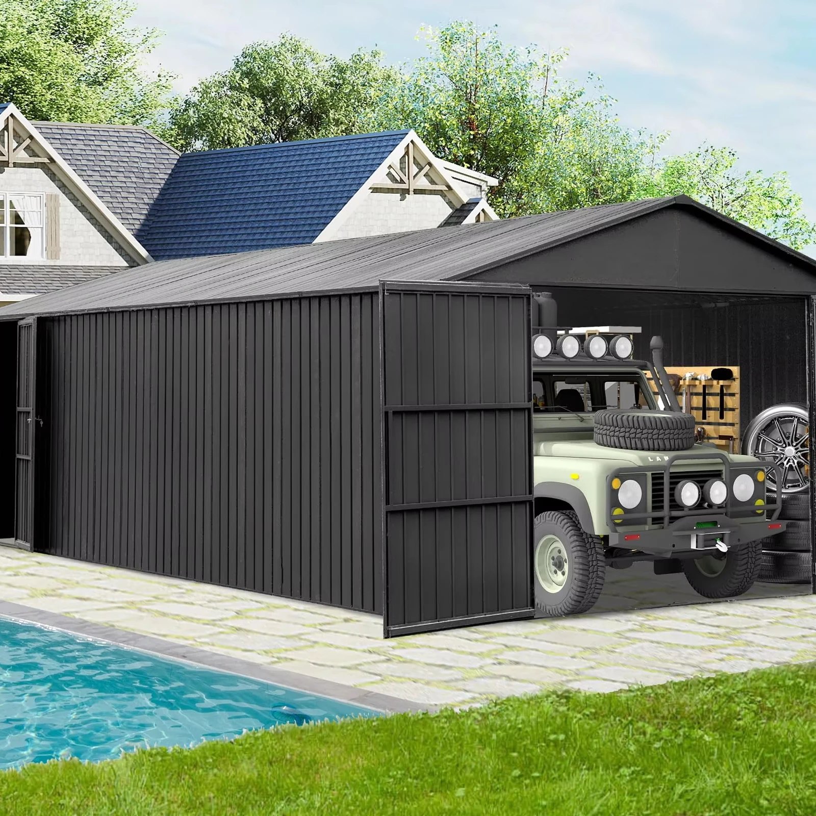 366x762cm Outdoor Heavy Duty Metal Garage Shed Lockable Double Hinged Doors Extra Large Carport for Cars Trucks Lawn Equipment