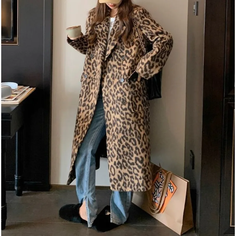 

Plus-size Leopard Print Woolen Blazer Coat Women Knee-length Autumn Plus Size Loose Fit Slimming Elegant Woolen Overcoat