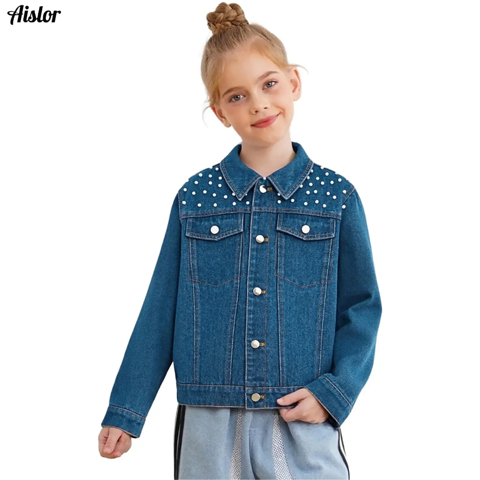 

Kids Girls Denim Jacket Plastic Beaded Turn-Down Collar Long Sleeve Button Jean Coat Korean Jacket Outerwear with Flap Pockets