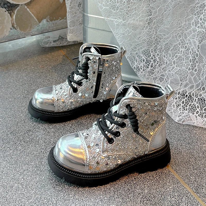 

Children Bling Short Boots Girl Round Toe Shine Sequin Side Zipper Outdoors Shoes Thick Bottom Chunky Heel Kids Princess Boots