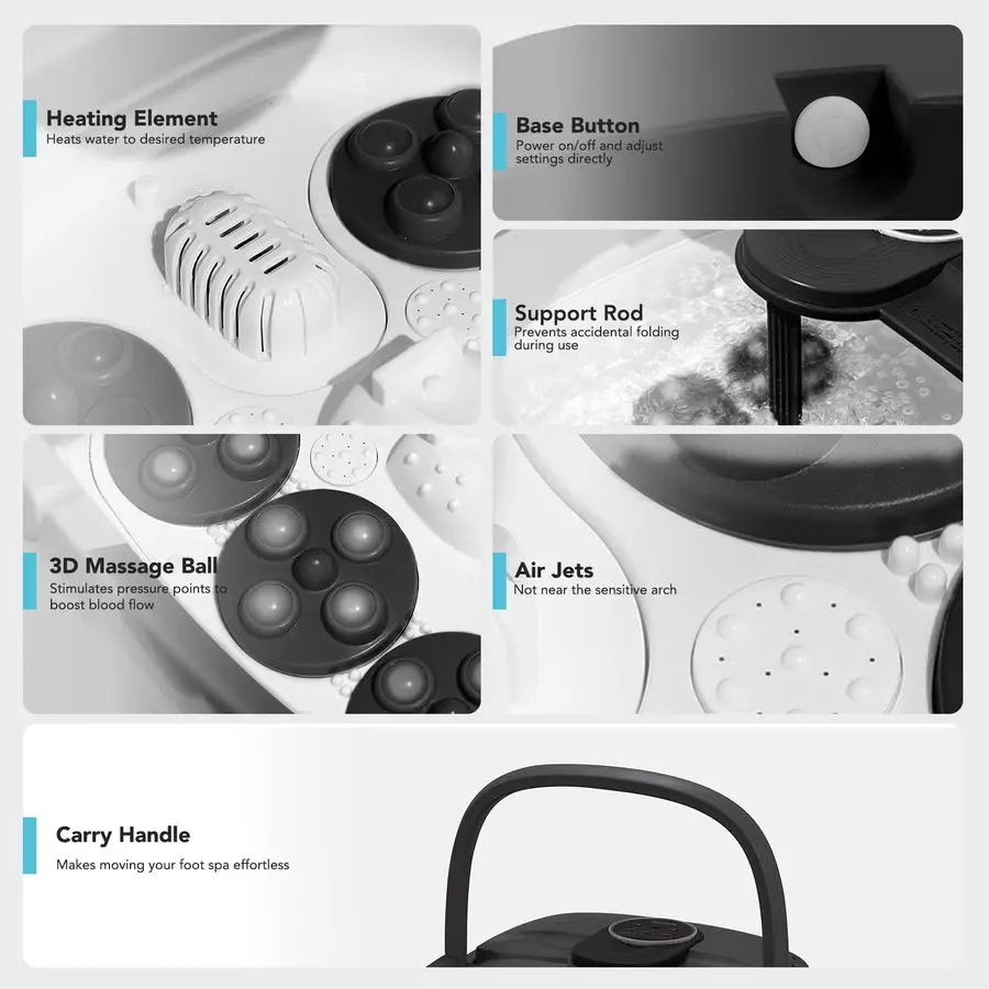 حمام قدم كهربائي قابل للطي مع حرارة، فقاعة، جهاز تحكم عن بعد، 24 كرة تدليك شياتسو بمحرك. حوض نقع الباديكير ل