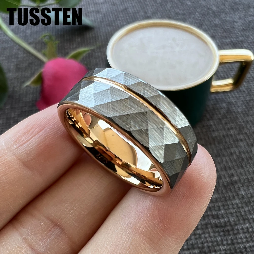 TUSSTEN 8MM Hammered Tungsten Carbide Rings Fashion Jewelry for Men Women Wedding Band Flat Offset Groove Comfort Fit