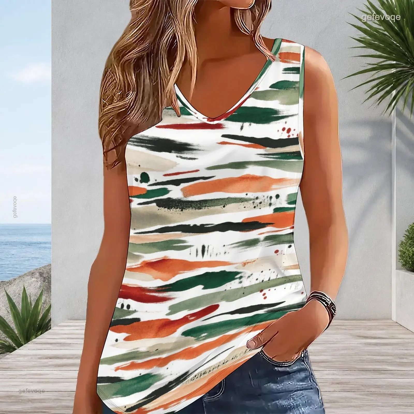 Women White Black Grey Geometric Triangle Printed V Neck Sleeveless Tank Top