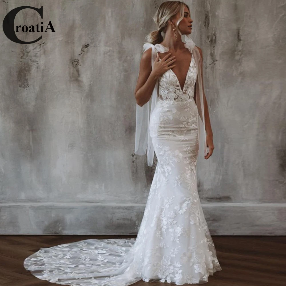 Croadia Mermaid Sexy Wedding Dress Bridal For Woman Deep V-Neck Ribbon Backless 2024 New Appliques Vestidos De Novia Customized