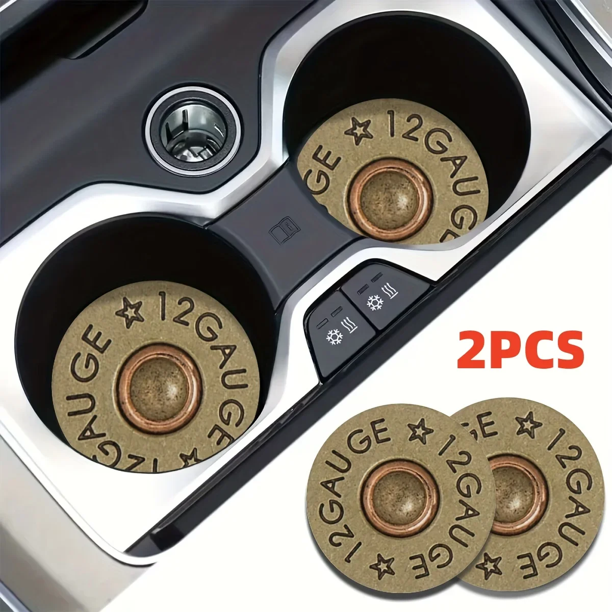 2Pcs 12 Gauge Shotgun Shell Car Cup Coasters, Vintage Non-Slip Auto Cup Holder Pads for Car Interior Decor