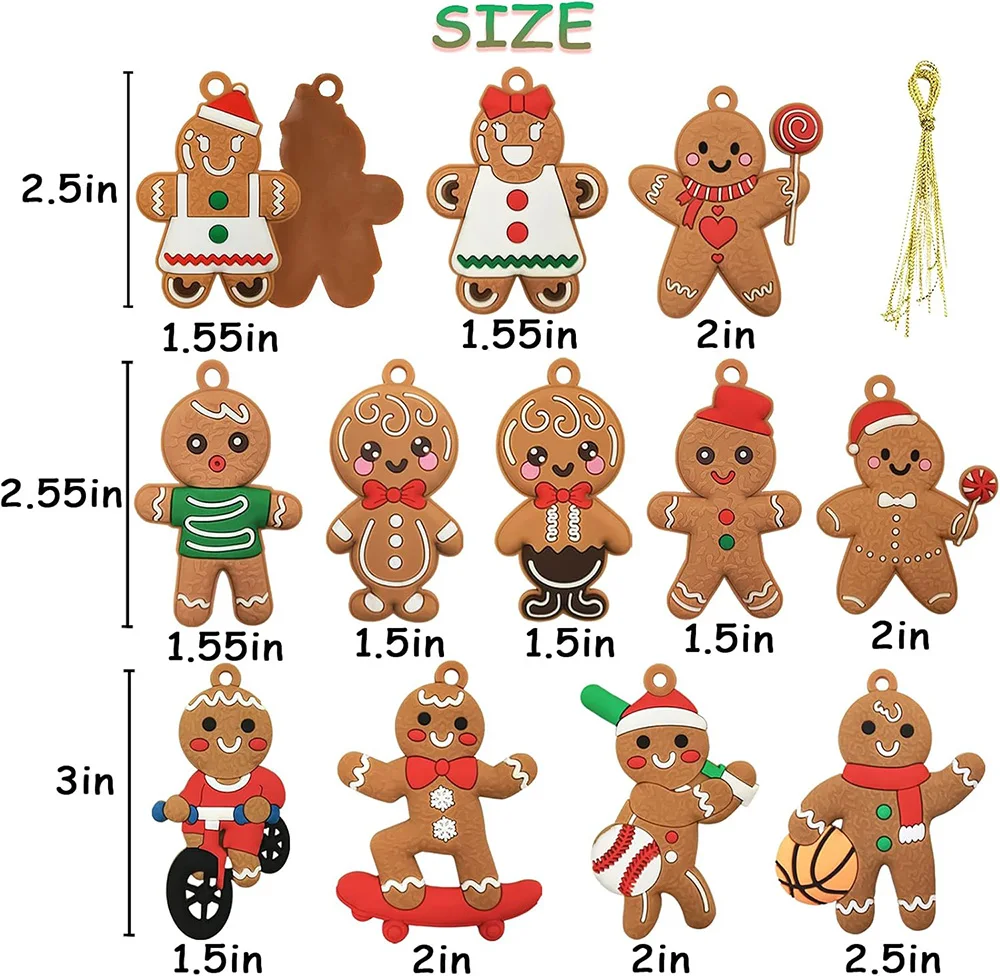 12/24/36 Pcs 3 Inch Cute Gingerbread Man Christmas Tree Ornaments Assorted Plastic Christmas Tree Party Hanging Decorations