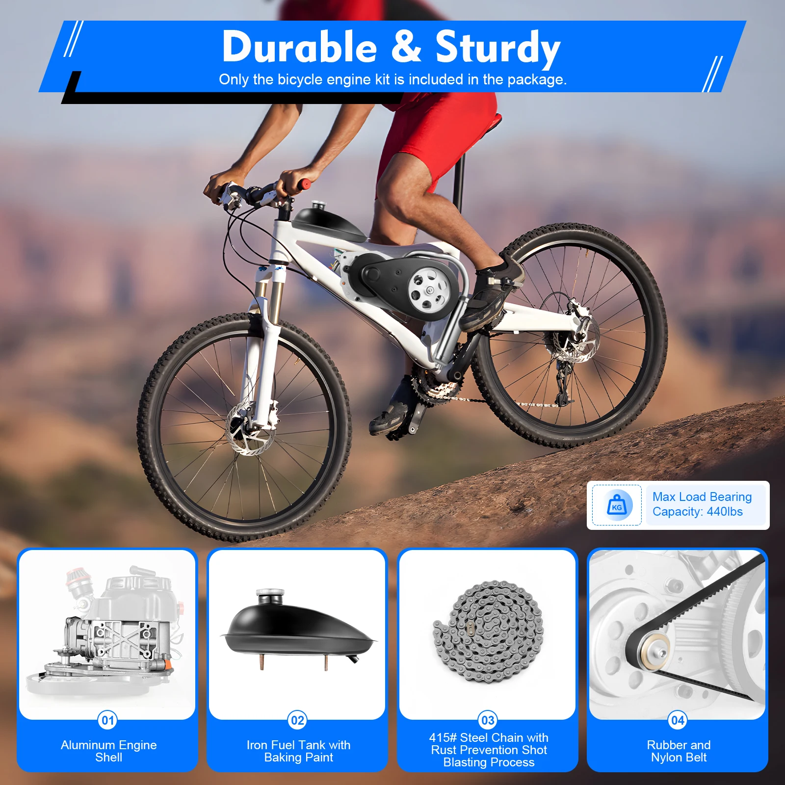 

Черный и серебристый комплект велосипедного двигателя, алюминиевый корпус и железный топливный бак, устойчивый к коррозии, максимальная несущая способность 440 фунтов.