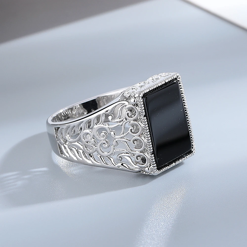 

Natural Black Agate Stone Vintage Ring For Party Birthday Gifts For Men Women Silver Plated Jewelry Ring Fine Jewelry Wholesale