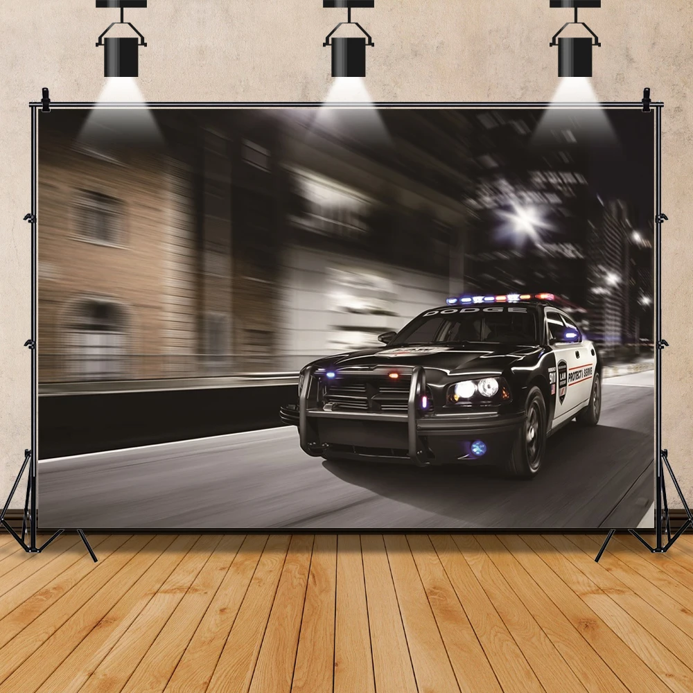 Laeacco Police Car Street 110 Match Town Night Scenic Train Street Photography Backdrops Photographic Backgrounds Photo Studio