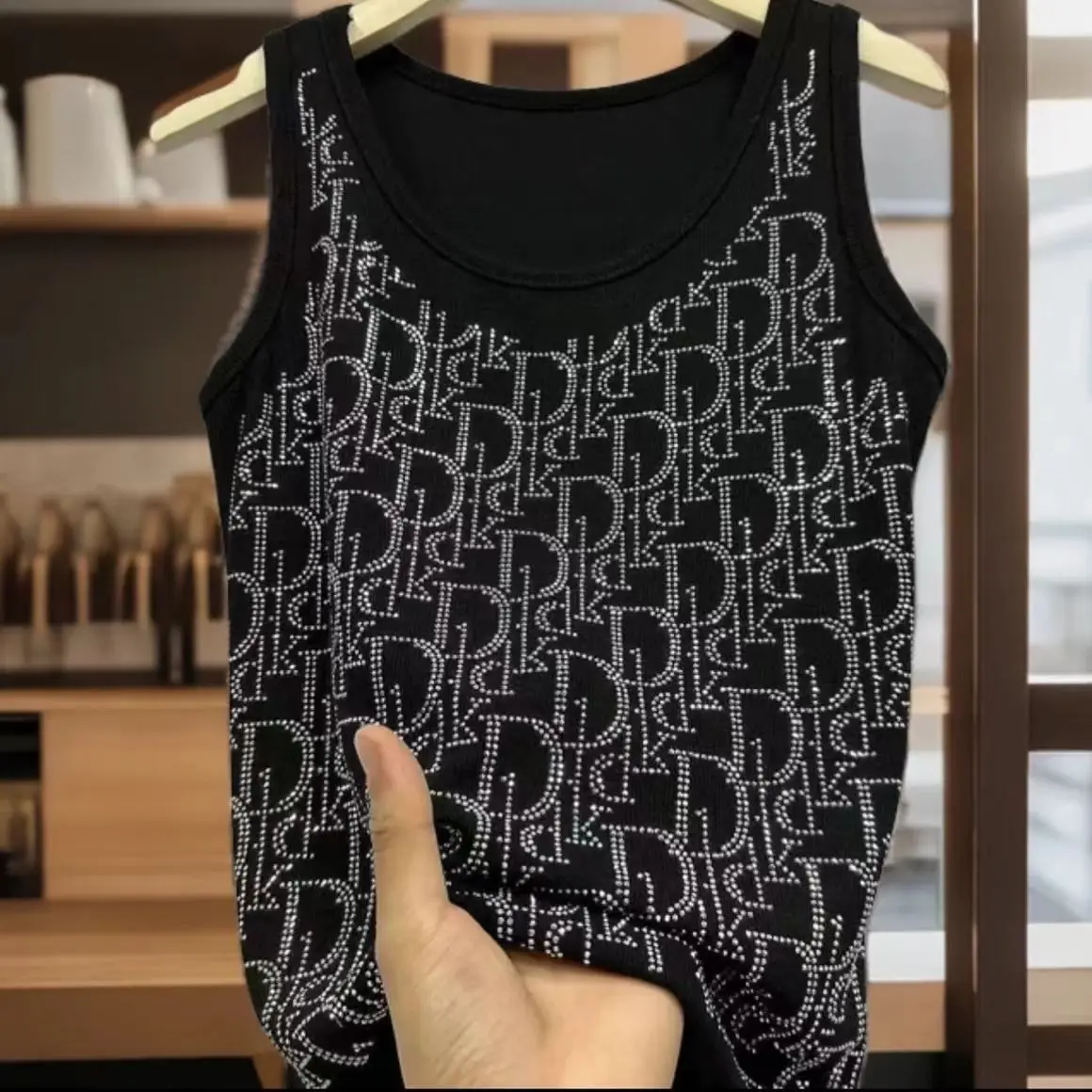 Black Crystal Letter Tank Top - Silver Rhinestone Sleeveless Tee, Summer Slim Fit Women‘s Top