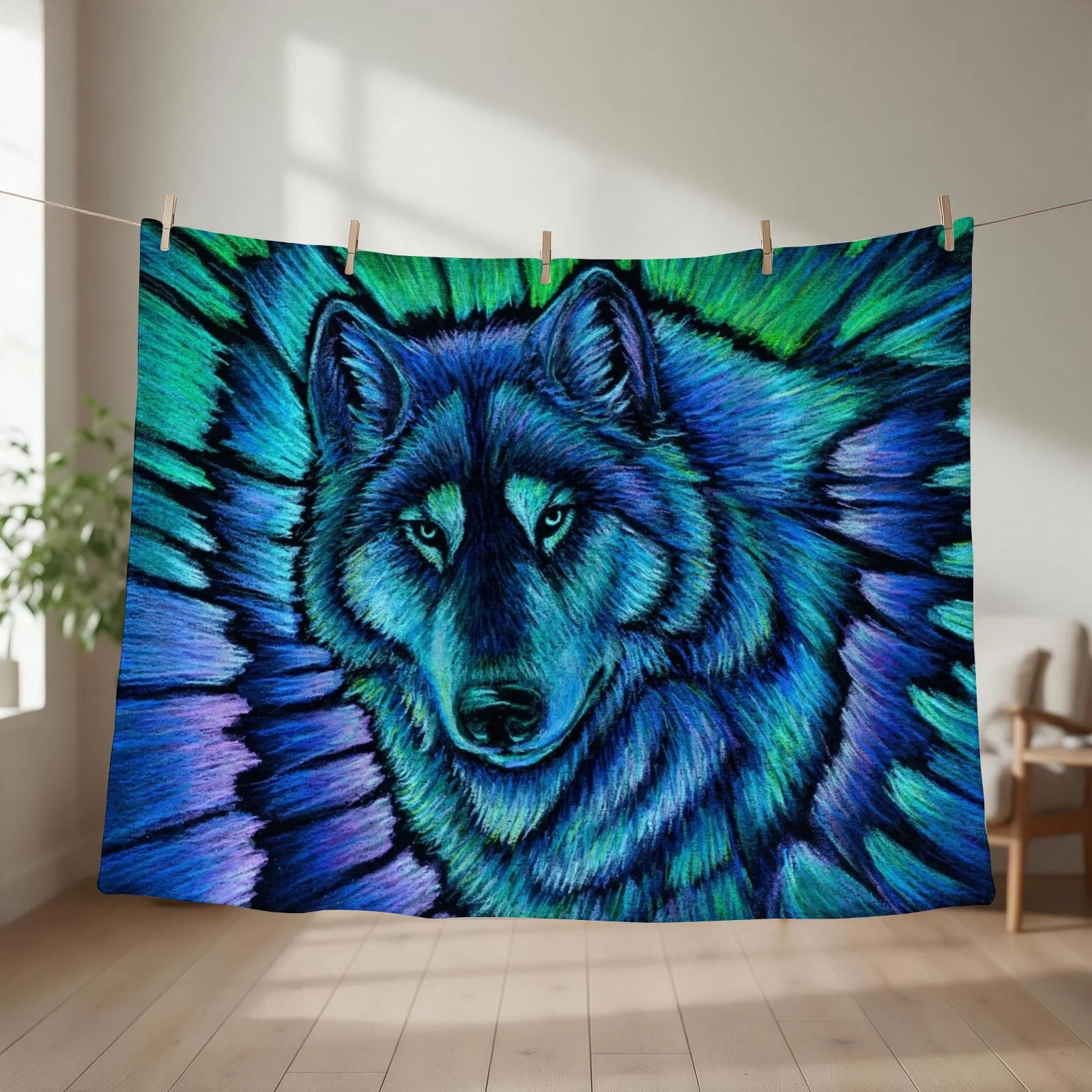 Blue Fantasy Wolf Aurora Glowing Spirit Throw Blanket couch cozy soft plush fuzzy picnic outdoor blanket