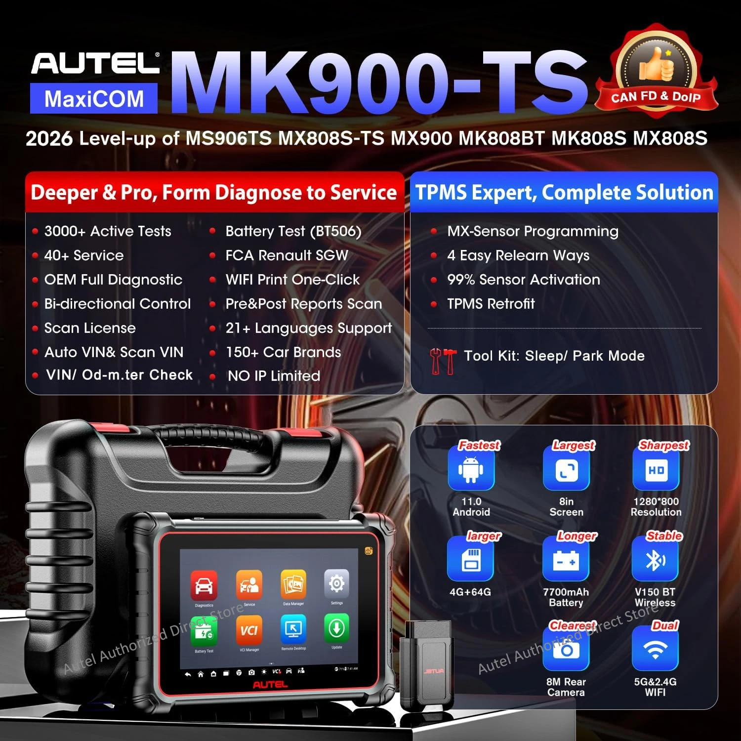 Autel MaxiTPMS MK900TS TPMS Diagnostic Tool Full Systems Wireless OBD2 Scanner, 3000+ Active Tests, CANFD DoIP, Scan VIN/License
