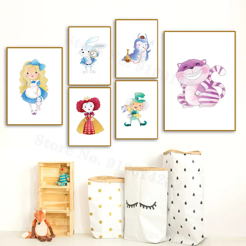 Alice In Wonderland Watercolor Canvas Painting Prints Cartoon Q Version Poster Nursery Wall Art Pictures Baby Kids Room Decor