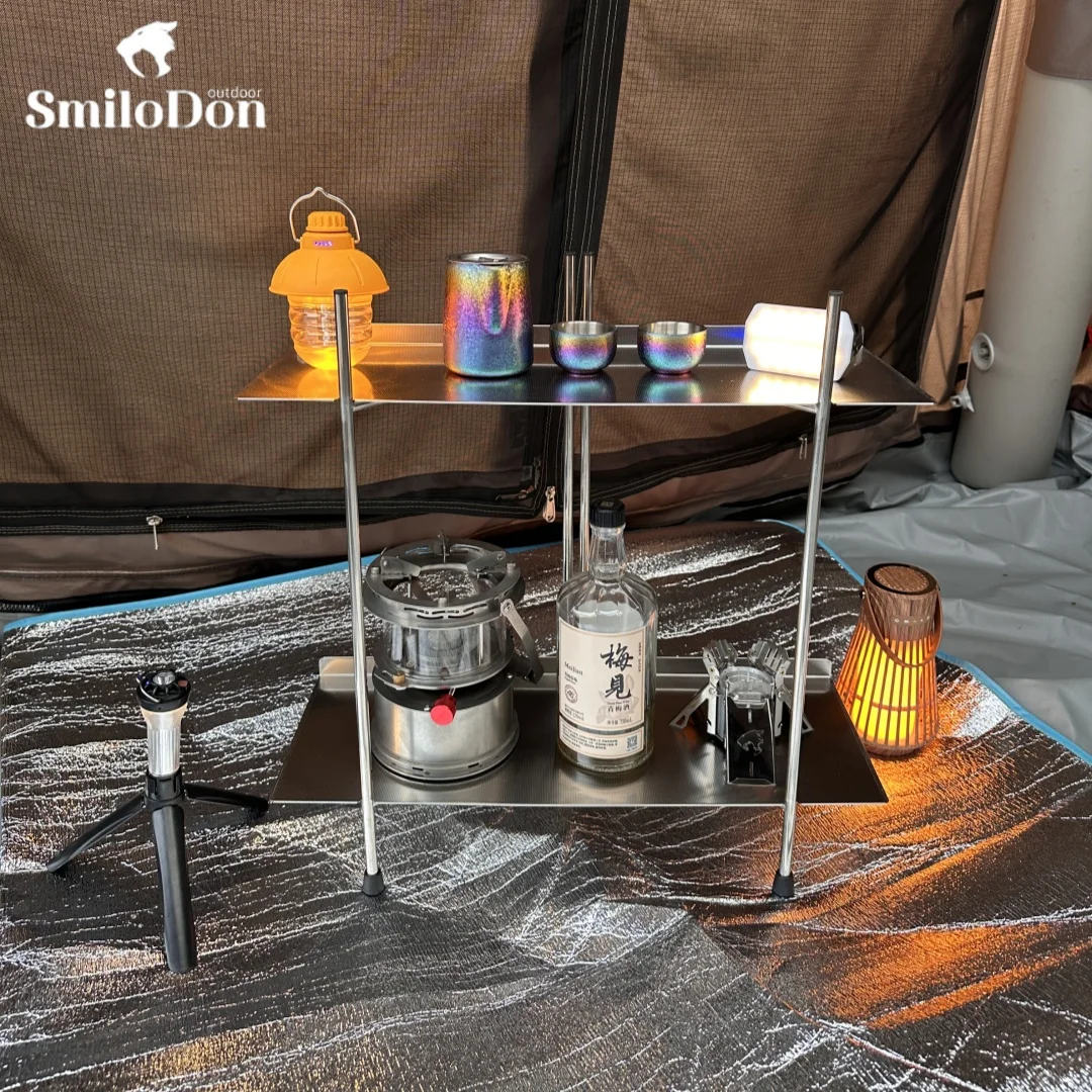 SmiloDon Folding Camping Shelf Stainless Steel Outdoor Portable Storage Shelf Lightweight Storage Rack 10 Sceonds Quick Assembly