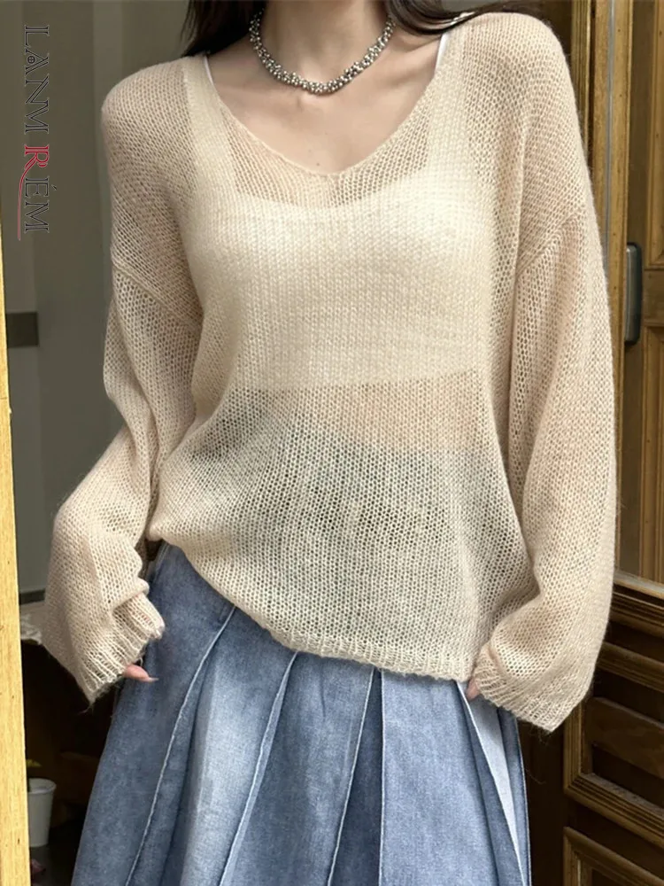 LANMREM Fashion Perspective Wool Knitting Sweater Women V Neck Long Sleeves Solid Color Tops Casual 2024 Spring New 2AA2110