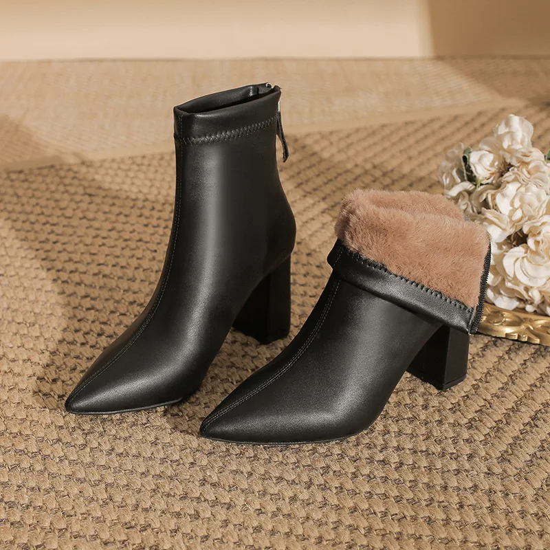 

32-43 Winter Women's Pointed Toe Ankle Boots Fur Lined Chunky Heel Zip Warm Short Boots Elegant Office Party Shoes