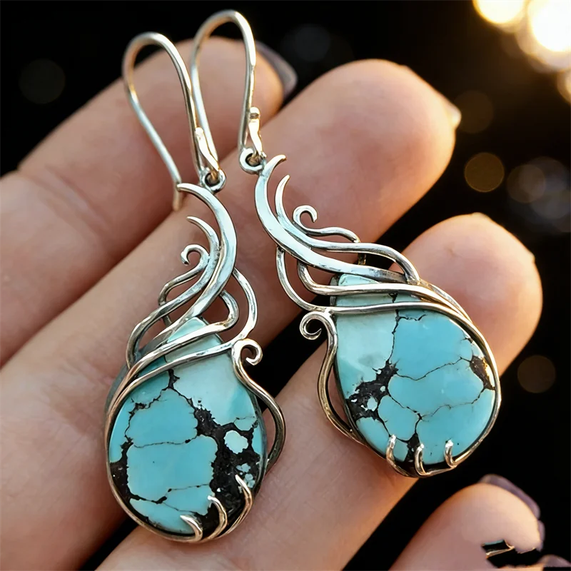 Vintage Blue Stone Boho Earrings Womens Exquisite Silver Color Metal Geometry Hollow Wedding Dangle Earrings 2022 Jewelry