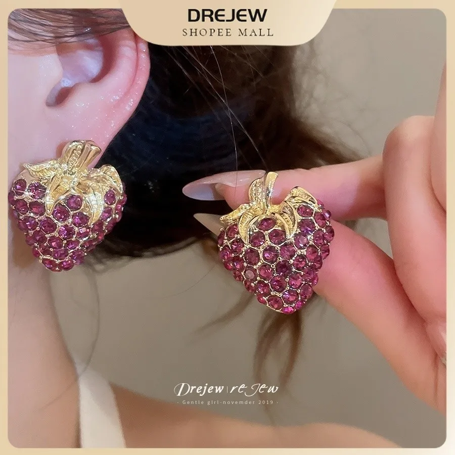 DREJEW Strawberry-Shaped Stud Earrings With Purple Zircon Inlay Eye-catching For Everyday And Outing Matching