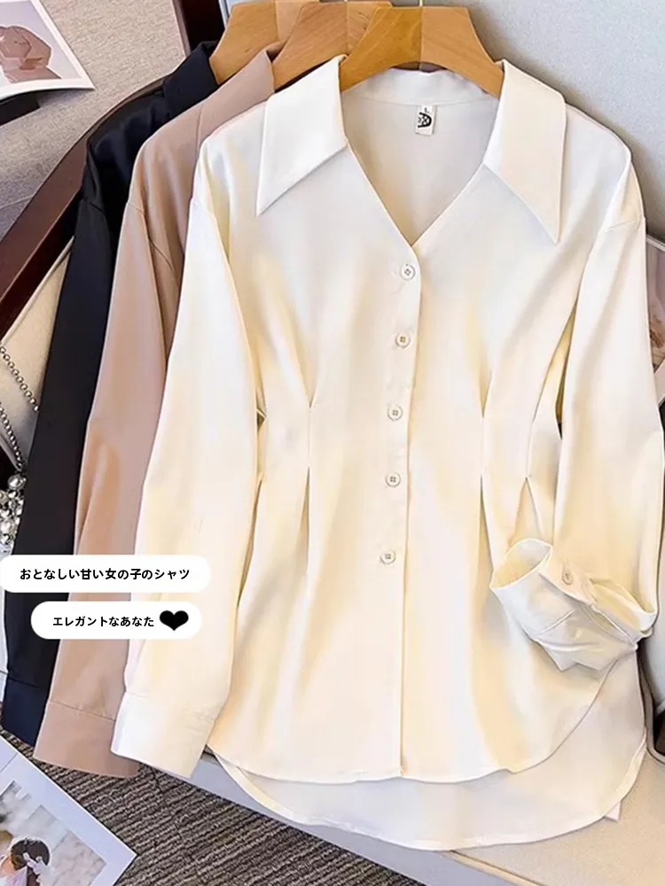 Women's V-Neck Long Sleeve Satin Shirt Loose Fit Waist-Cinching Slimming plus Size Casual Style Autumn New Arrival