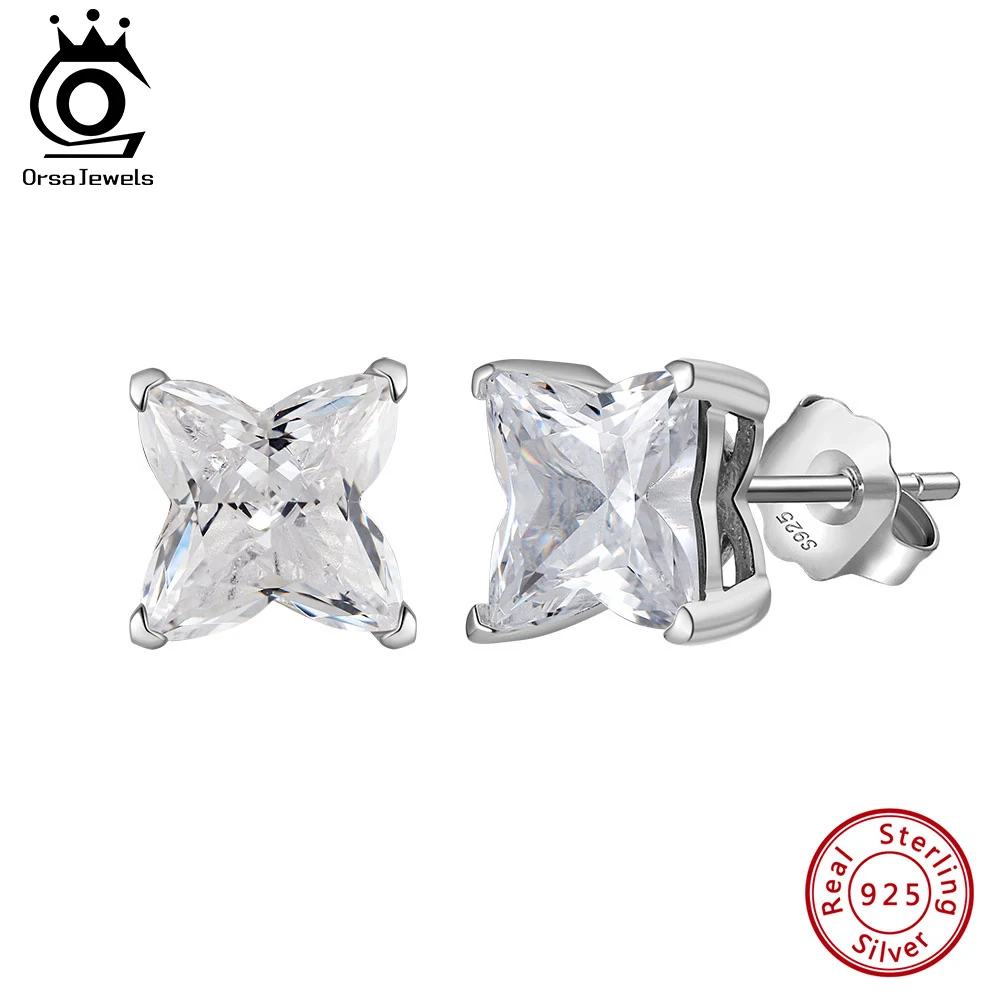 

ORSA JEWELS Genuine 925 Sterling Silver 5A Clear CZ Stud Earrings for Women Fashion Rhodium Ear Stud Fine Jewelry Gifts LZE43