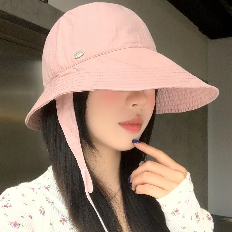 Korean Simple Large Hat Brim Quick-drying Strap Bucket Hat for Women Summer Travel Vacation Breathable Thin Sunshade Sun Caps