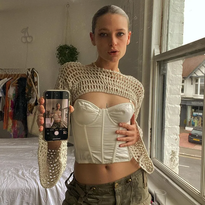 European And American Style Woolen Hook-up Hollow Horn Sleeve Short Blouse Fashionable New Solid Color Street Tide Outside With