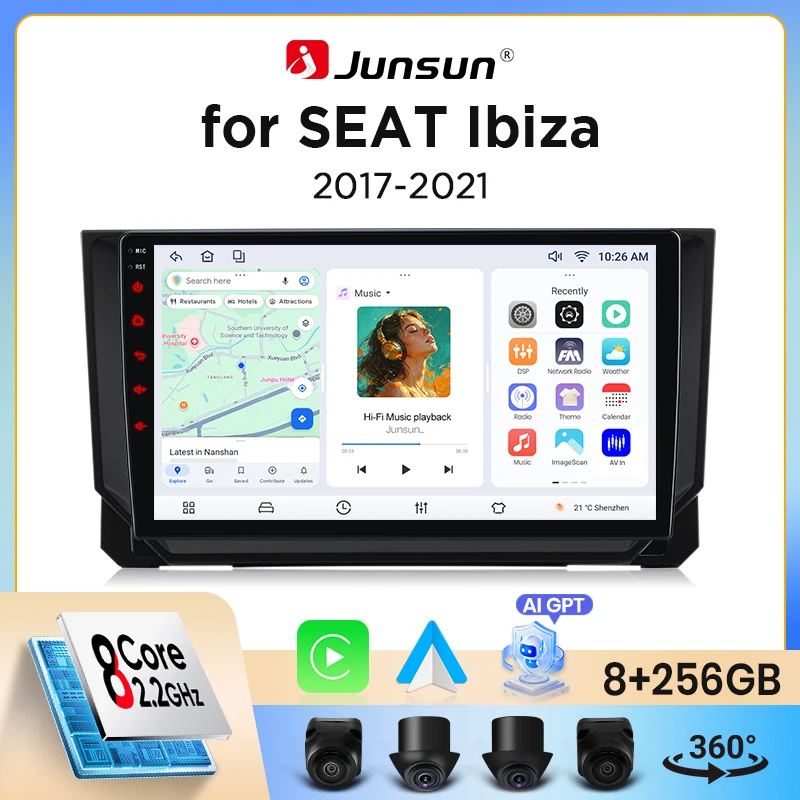 Image of Junsun Wireless CarPlay Android Auto Autoradio für SEAT Ibiza Mk5 (6F/KJ1) 2017-2021 mit integriertem Lüfter, Android GPS-Navigation, Multimedia-Player, WiFi, DSP, RDS, BT, SWC, IPS-Touchscreen,