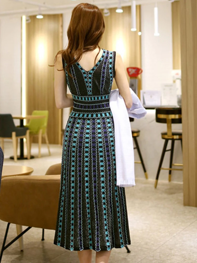 Coreano verão vestido de malha feminina senhora casual vintage com decote em v sem mangas magro midi festa praia elástico robe femme mujer vestidos