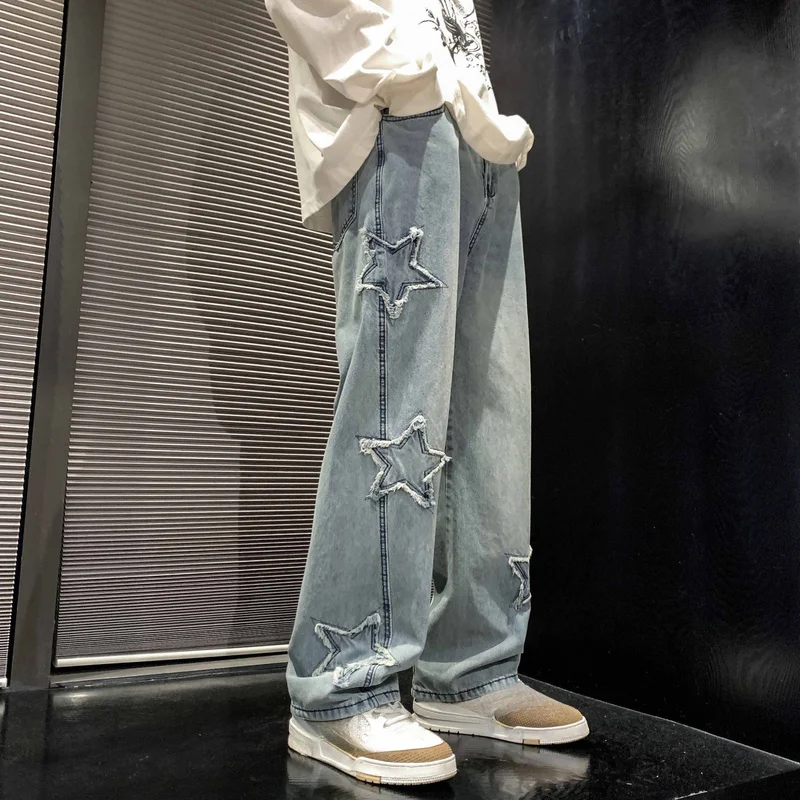 QICHE Men Five Point Star Pattern Jeans Loose Straight Wide Leg Casual Denim Pants For Youth