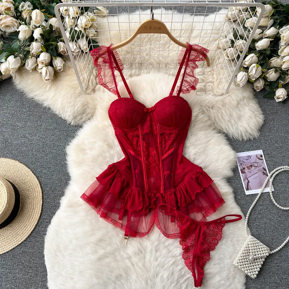 Women's Wine Red Slim Fit Waist Tight Short Dress Lace Mesh Ruffle Edge Summer Spicy Girl Sexy Suspender Strap Dresses