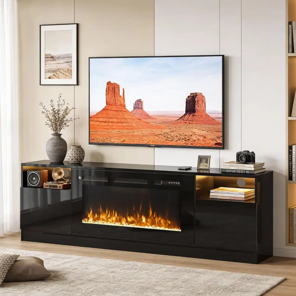 

70 TV Stand Replaced with 36 Electric Fireplace, LED Entertainment Center for TVs Up to 80, High Gloss Door, Modern TV Stand or