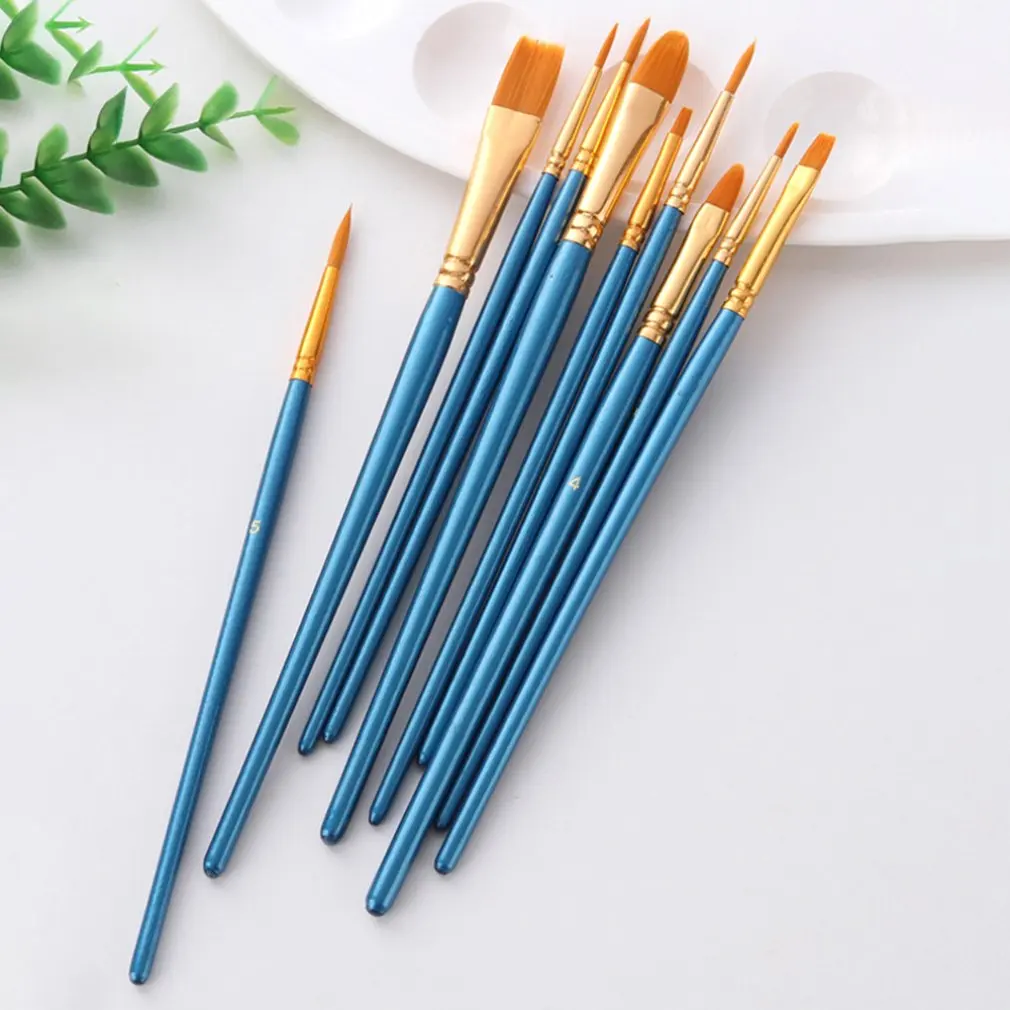 Artist Paint Brush Set 10Pcs High Quality Nylon Hair Wood Black Handle Watercolor Acrylic Oil Brush Painting Art Supplies