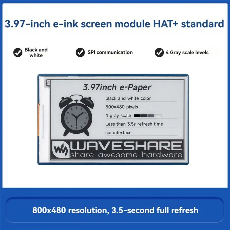 Waveshare E-Paper Screen 3.97 Inch E-Ink Display HAT+ 800X480 Black White For Raspberry Pi Series Jetson Nano RDK X3 Mainboard