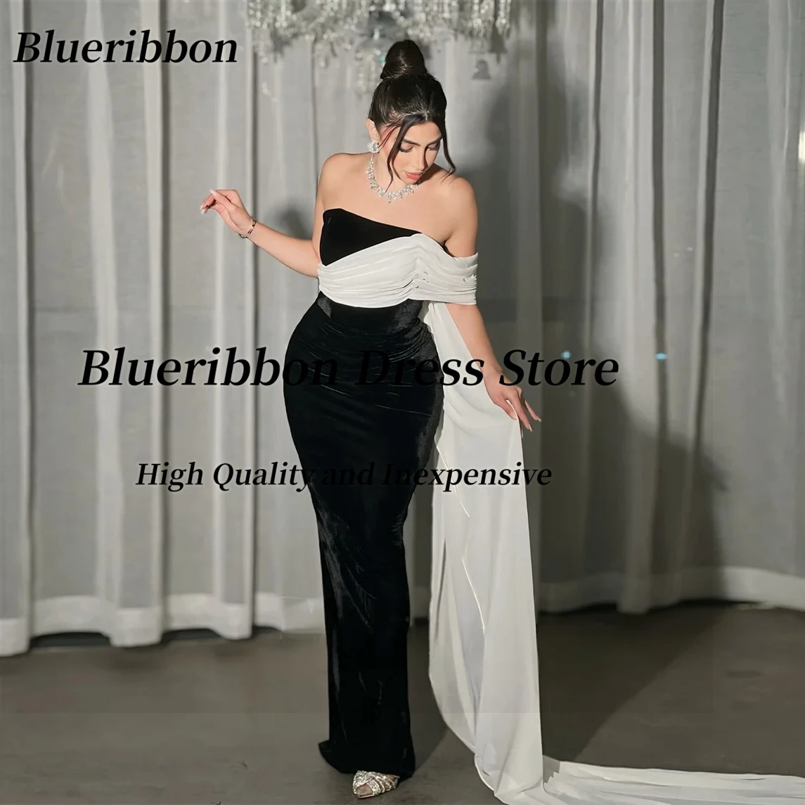 

Черные велюровые платья для выпускного вечера Blueribbon без бретелек контрастного цвета на одно плечо с длинными цветами Свадебные вечерние платья по индивидуальному заказу